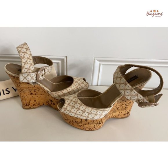 Authentic Louis Vuitton Cream Beige Printed Wedge Cork Platform Sandals 39.5/9.5 - Picture 12 of 14